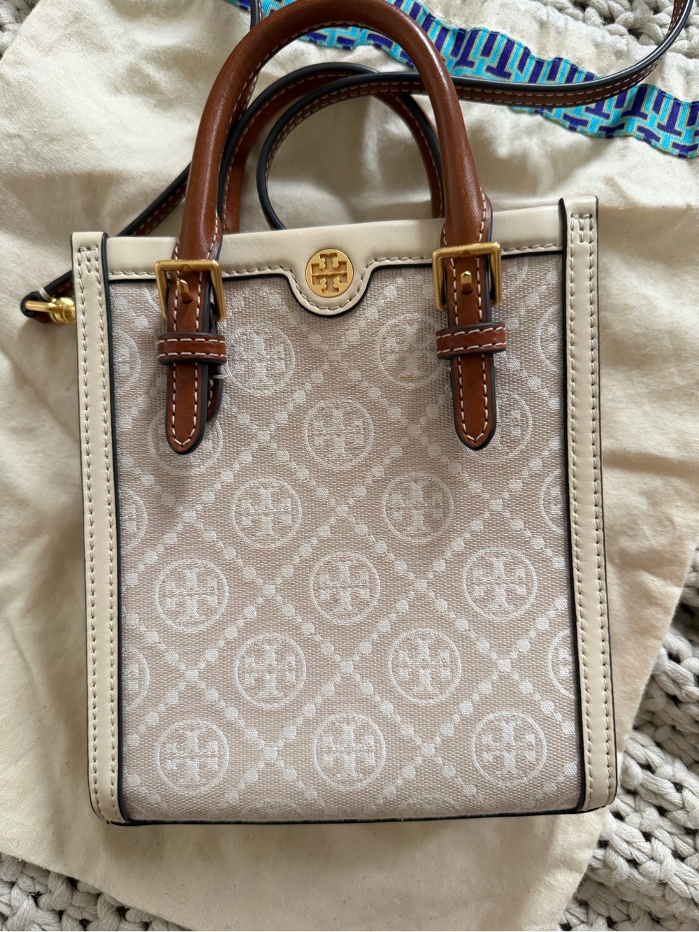 Tory Burch Beige Canvas Mini Bag with Brown Leather Handles & Gold Hardware